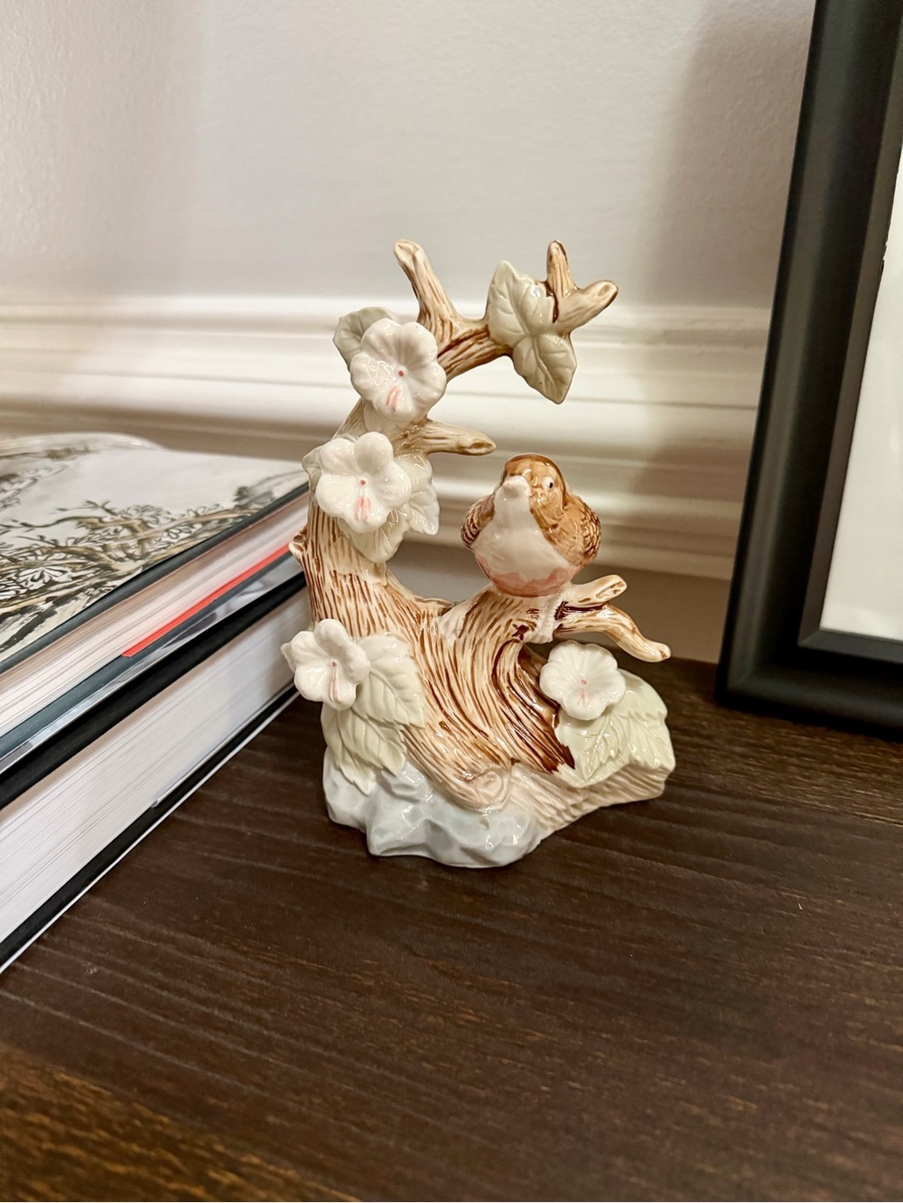 Porcelain Bird on Floral Branch Figurine - Cream & Brown